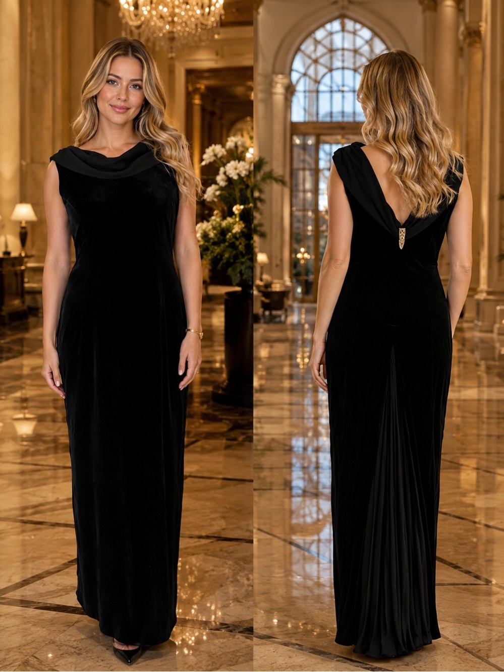 New: Coldwater Creek Black Long Velvet Draped Back Evening Gown/Prom/Party Dress